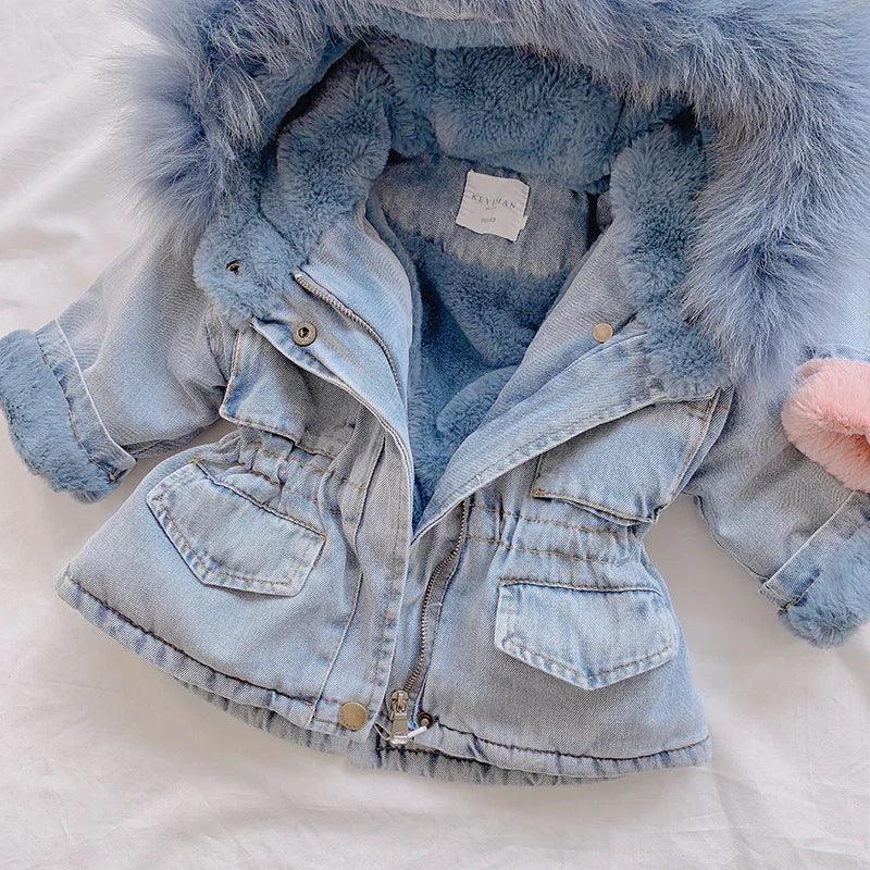 Light blue denim jacket with faux fur lining, fluffy hood, relaxed fit, and front pockets