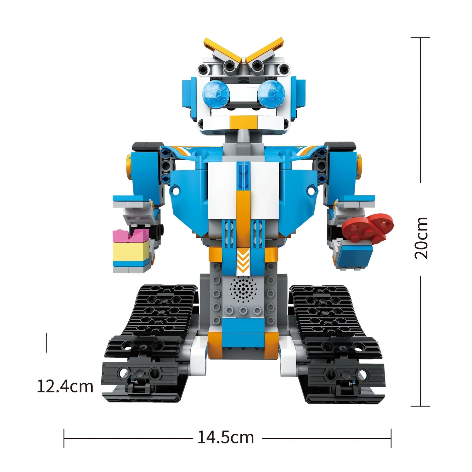 Blue and white block-style robot toy with tank tracks and visible size dimensions.