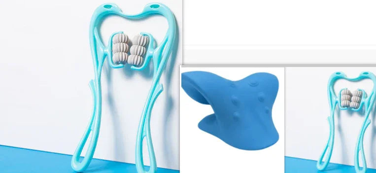 Light blue plastic massage tool with gray rollers and a contoured blue neck support, modern design.