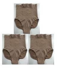 Three pairs of high-waisted, brown seamless underwear with a snug fit, laid flat.