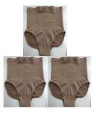 Three pairs of high-waisted, brown seamless underwear with a snug fit, laid flat.