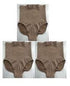 Three pairs of high-waisted, brown seamless underwear with a snug fit, laid flat.