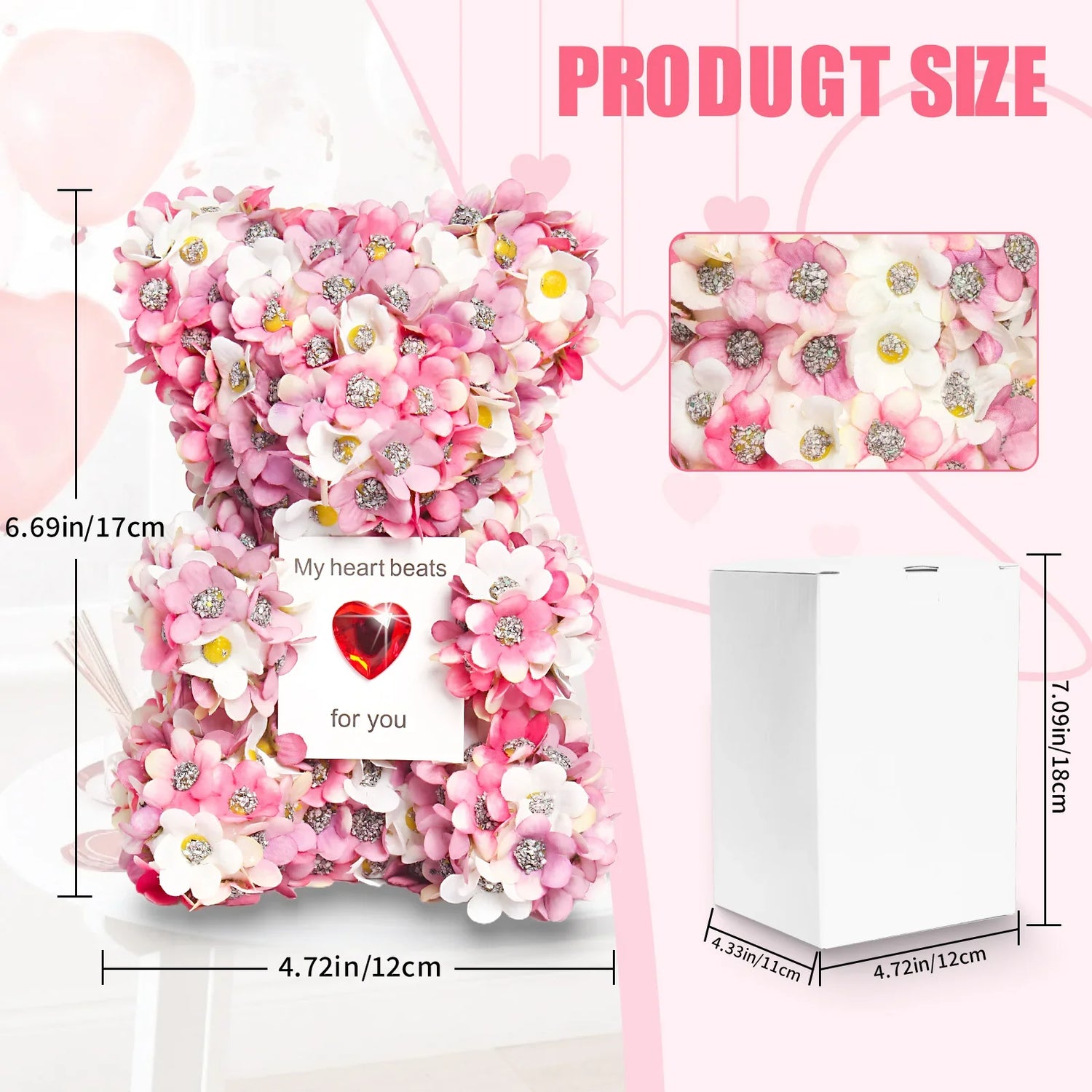 Pink and white artificial flower teddy bear with rhinestone accents, floral decor gift, 17cm tall