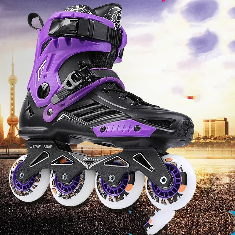 Black and purple inline skate with adjustable buckle and four white wheels, urban background