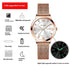 Rose gold mesh band watch with scratch-resistant mirror, luminous hands, and waterproof design.