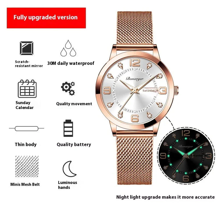 Rose gold mesh band watch with scratch-resistant mirror, luminous hands, and waterproof design.