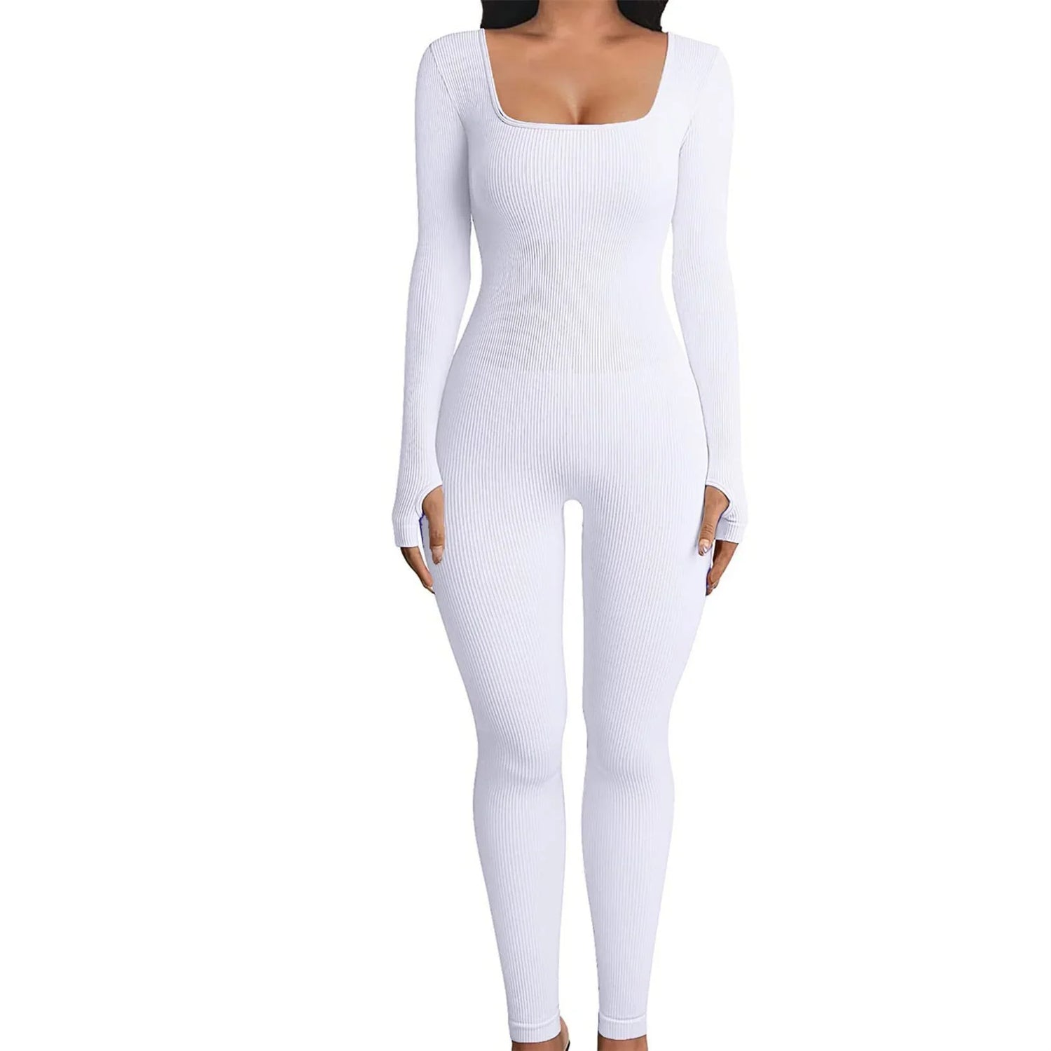 White ribbed long sleeve jumpsuit with square neckline, slim fit, and stretch fabric