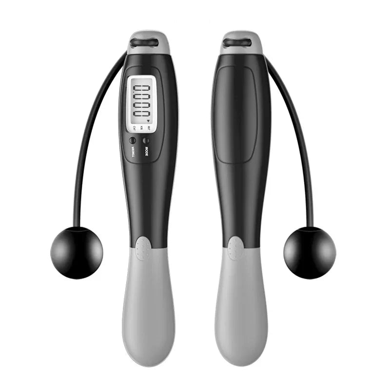 Black and gray cordless digital jump rope with weighted handles and LCD counter display
