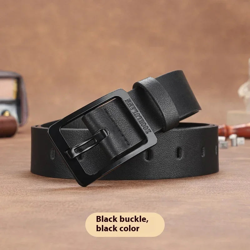 Black leather belt with matte black square buckle, casual streetwear accessory