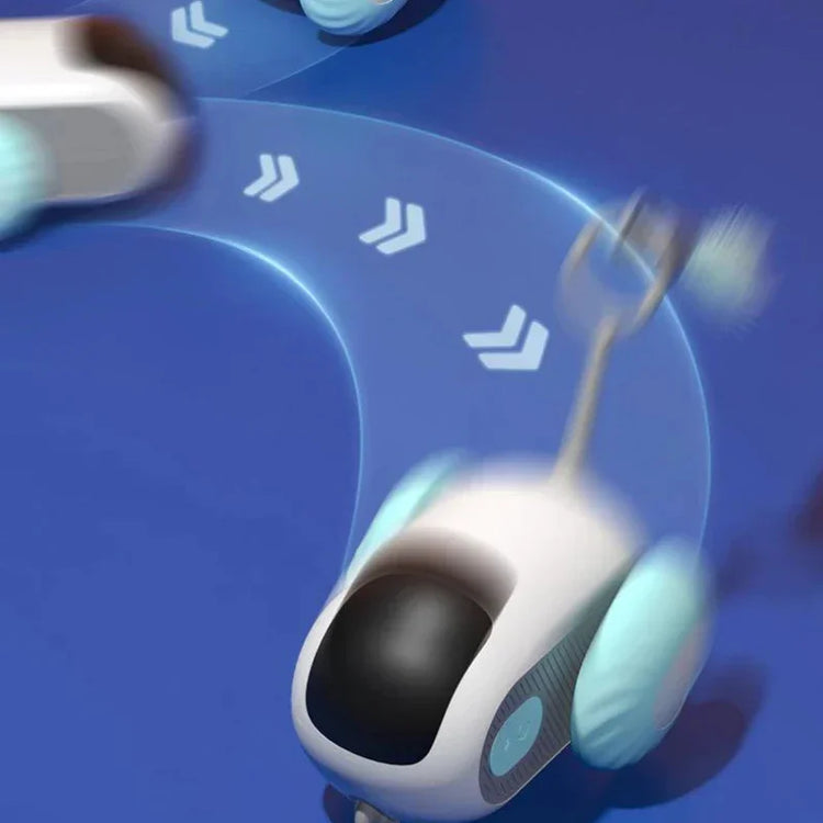 Futuristic toy robot with blue wheels moving on a blue surface, sleek modern design.