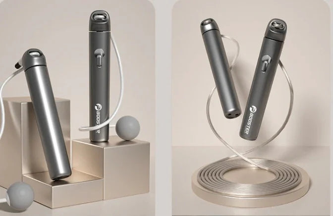 Sleek metallic gray cordless jump rope with adjustable cable, modern fitness equipment