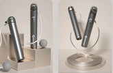 Sleek metallic gray cordless jump rope with adjustable cable, modern fitness equipment