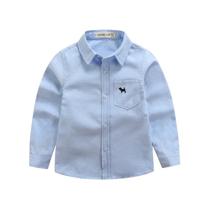 Light blue cotton long sleeve shirt with collar, button front, and pocket dog embroidery.