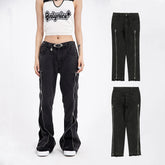 Black denim cargo jeans with side zipper details, relaxed fit, womens streetwear style