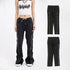 Black denim cargo jeans with side zipper details, relaxed fit, womens streetwear style