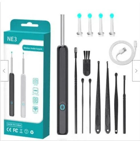 Wireless visual ear cleaning kit with black ergonomic handle, multiple silicone tips, and USB charging cable