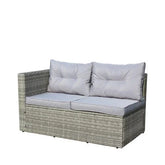 Modern outdoor loveseat with gray rattan frame and light gray cushioned seating