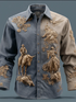Two-tone denim shirt with detailed cowboy and floral embroidery, relaxed fit, long sleeves