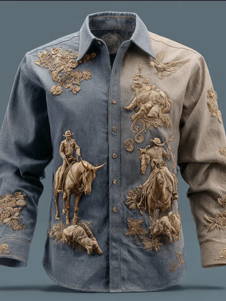 Two-tone denim shirt with detailed cowboy and floral embroidery, relaxed fit, long sleeves