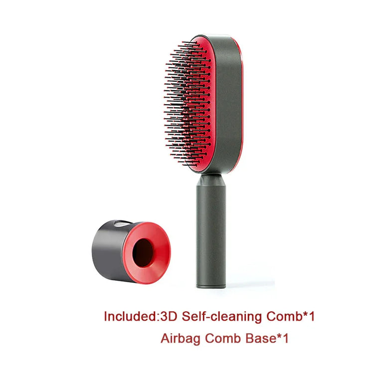 3D self-cleaning hair brush with red and black color, detachable airbag comb base