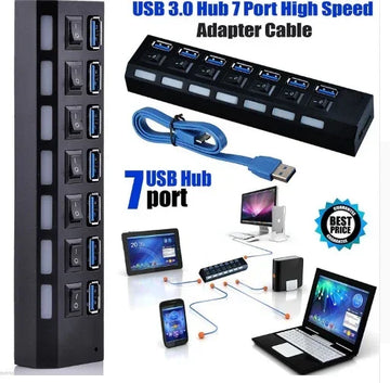 Black 7-port USB 3.0 hub with blue cable, compatible with laptops and devices, sleek design
