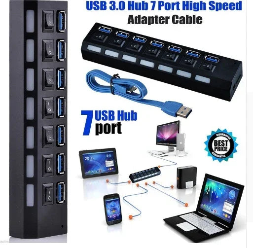 Black 7-port USB 3.0 hub with blue cable, compatible with laptops and devices, sleek design