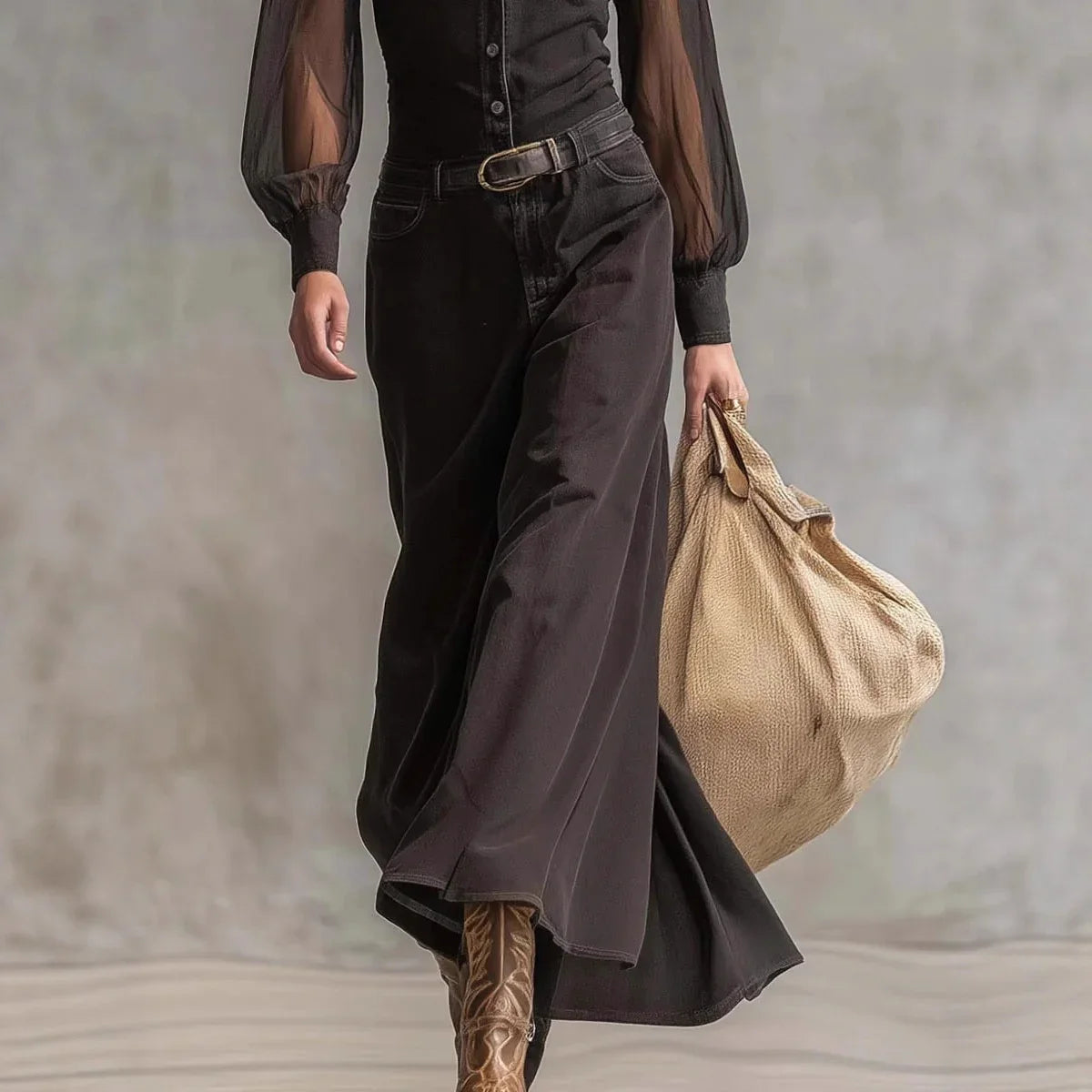 Woman wearing black wide-leg pants, sheer sleeve black blouse, and tan boots, holding a textured beige bag.