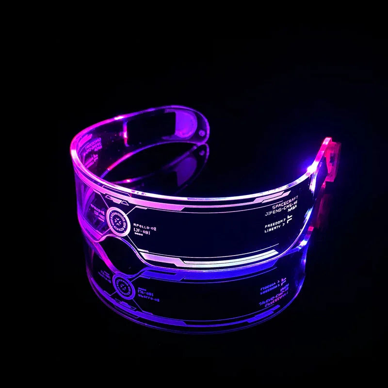Futuristic LED visor glasses with clear acrylic frame, glowing purple and pink light, techwear accessory