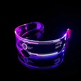 Futuristic LED visor glasses with clear acrylic frame, glowing purple and pink light, techwear accessory
