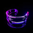 Futuristic LED visor glasses with clear acrylic frame, glowing purple and pink light, techwear accessory