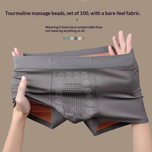 Gray men's boxer briefs with massage beads, stretchy bare-feel fabric, ergonomic fit