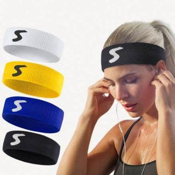 Woman wearing a black athletic headband, with sweat-wicking stretch fabric, available in white, yellow, blue, and black colors.