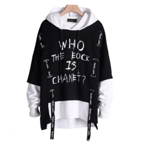 Oversized black and white streetwear hoodie with bold statement text, layered long sleeves, relaxed fit.
