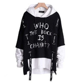 Oversized black and white streetwear hoodie with bold statement text, layered long sleeves, relaxed fit.