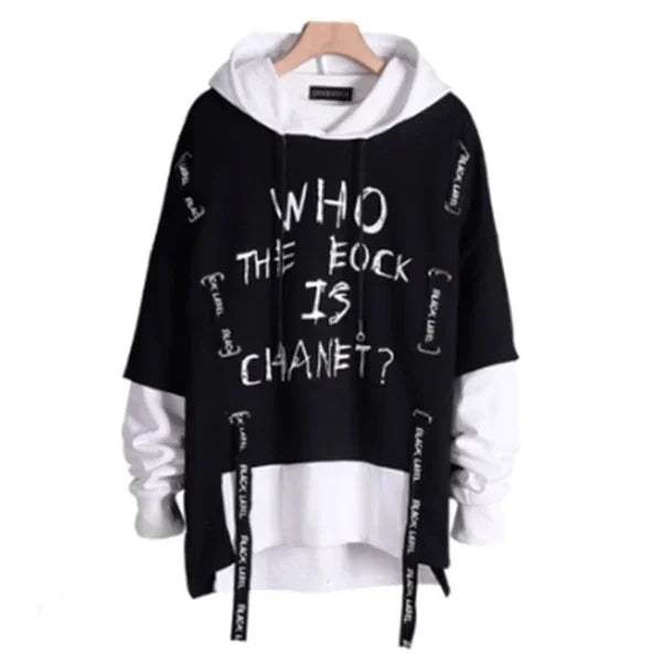 Oversized black and white streetwear hoodie with bold statement text, layered long sleeves, relaxed fit.