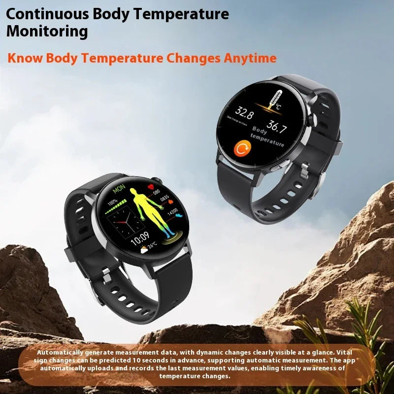 Black smartwatches with round displays, silicone straps, and health tracking features outdoors