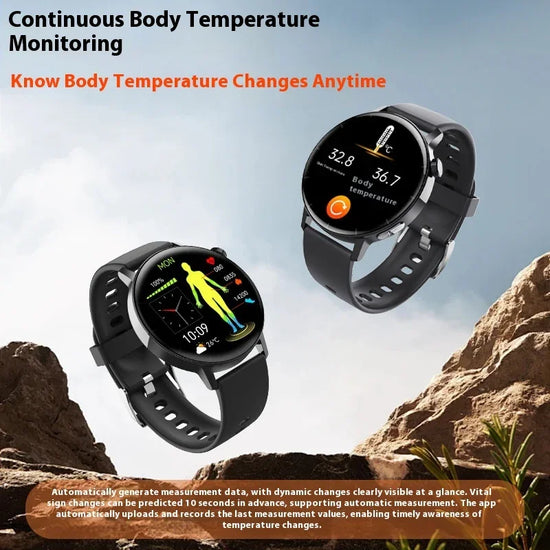 Black smartwatches with round displays, silicone straps, and health tracking features outdoors