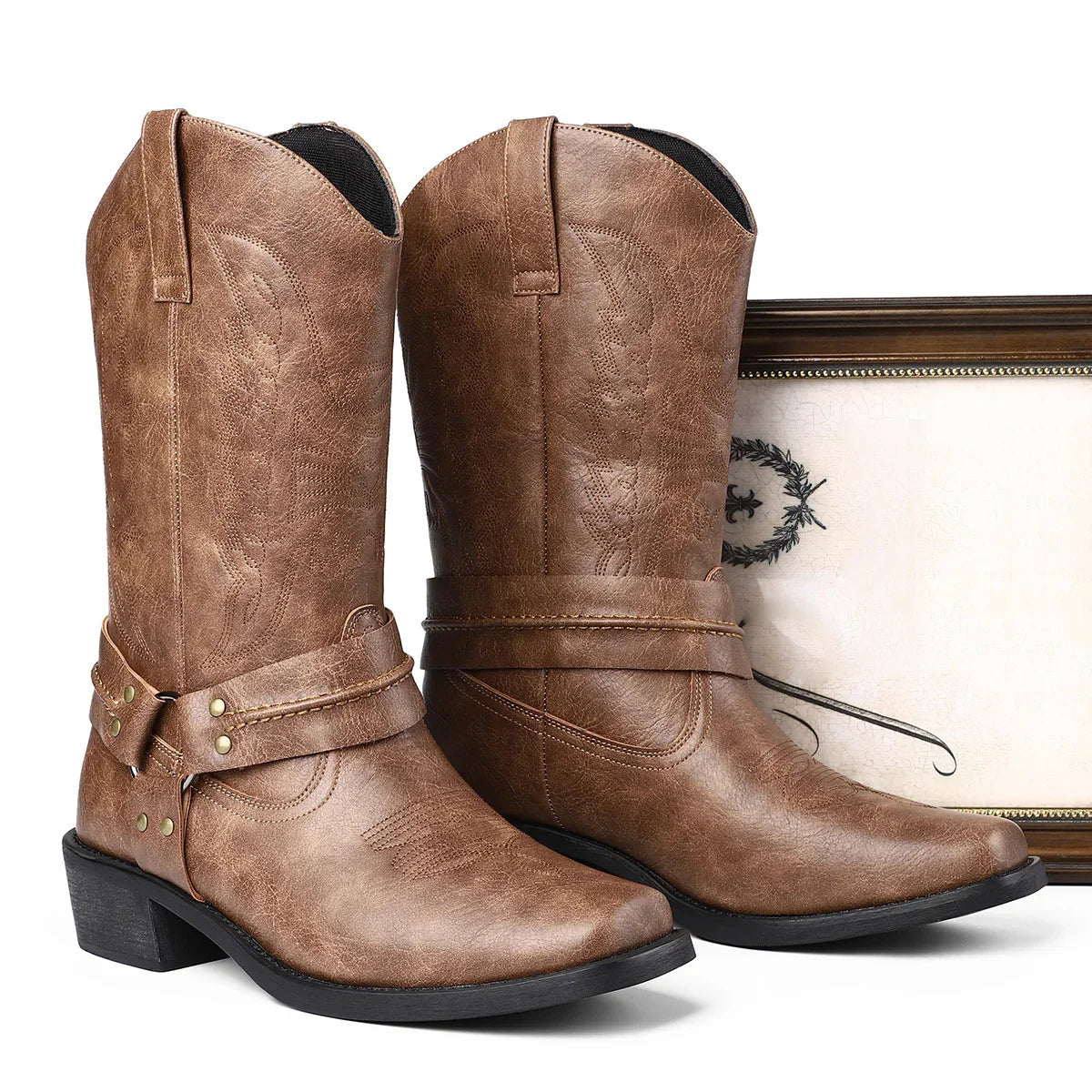 Brown faux leather western cowboy boots with decorative stitching and mid-calf fit