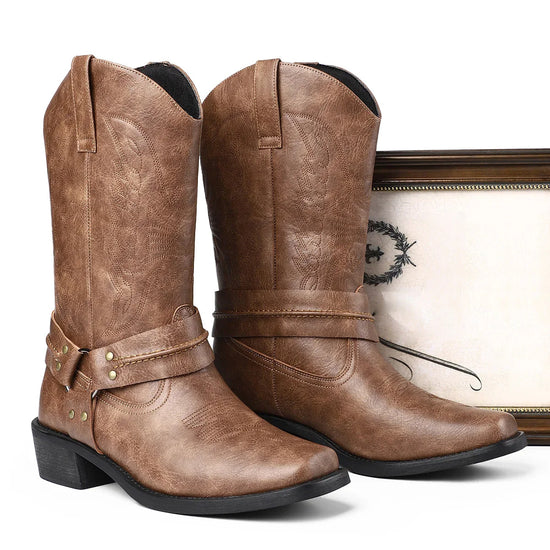Brown faux leather western cowboy boots with decorative stitching and mid-calf fit