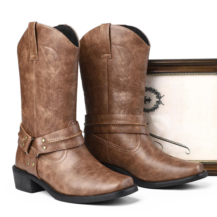 Brown faux leather western cowboy boots with decorative stitching and mid-calf fit