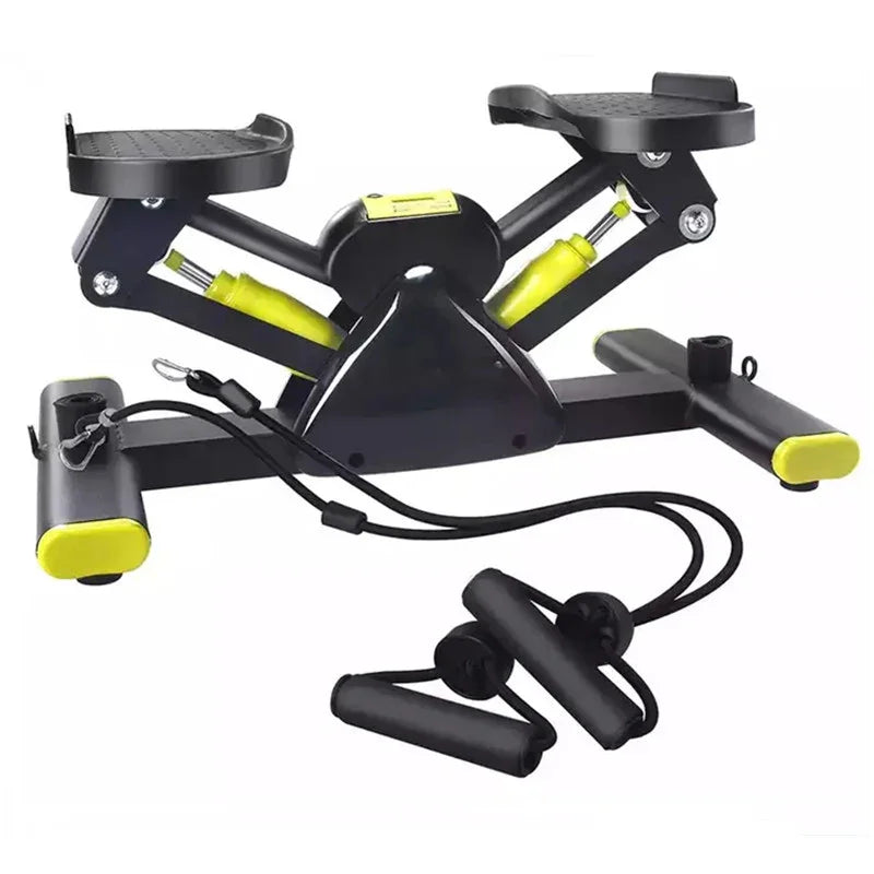 Compact black and yellow stepper exercise machine with resistance bands, home fitness equipment