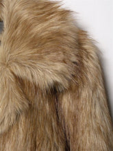 Brown faux fur coat with wide collar and soft, plush texture, modern streetwear style