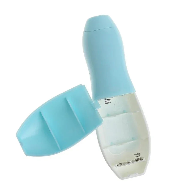 Light blue portable plastic battery case with open cover and visible battery slots