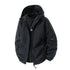 Black hooded streetwear jacket with zipper, utility pocket, relaxed fit, and layered necklace