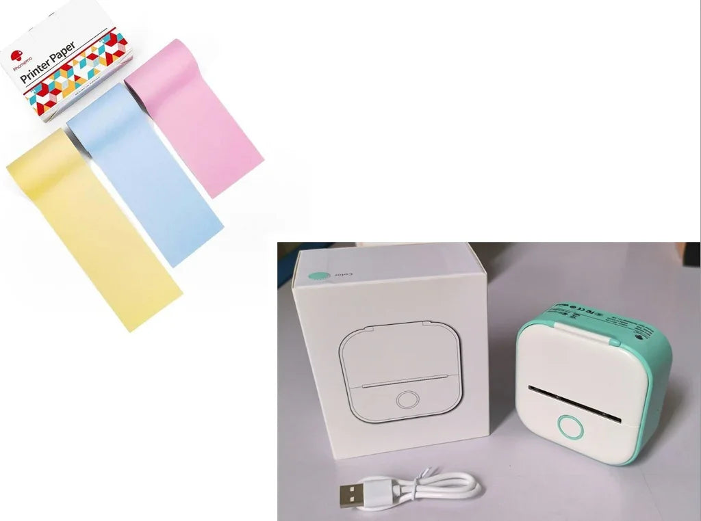 Portable mini thermal printer with pastel printer paper rolls and USB charging cable