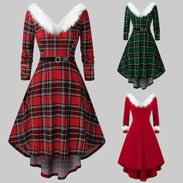 Women's festive A-line dress with faux fur trim, plaid and solid options, long sleeves, belted waist.
