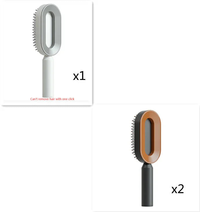 Two oval-shaped hair removal brushes, one gray and one brown, with ergonomic handles and plastic bristles.