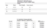 Pants size chart with waist, pant length, and foot width measurements for M, L, XL