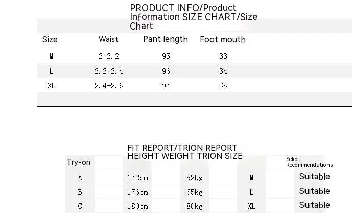 Pants size chart with waist, pant length, and foot width measurements for M, L, XL