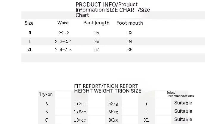 Pants size chart with waist, pant length, and foot width measurements for M, L, XL